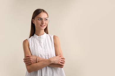 Photo of Portrait of beautiful woman on white background. Space for text