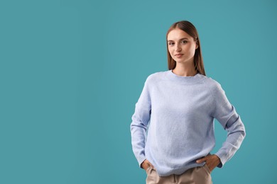 Photo of Portrait of beautiful woman on blue background. Space for text
