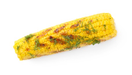 Photo of Tasty grilled corncobs with dill isolated on white, top view