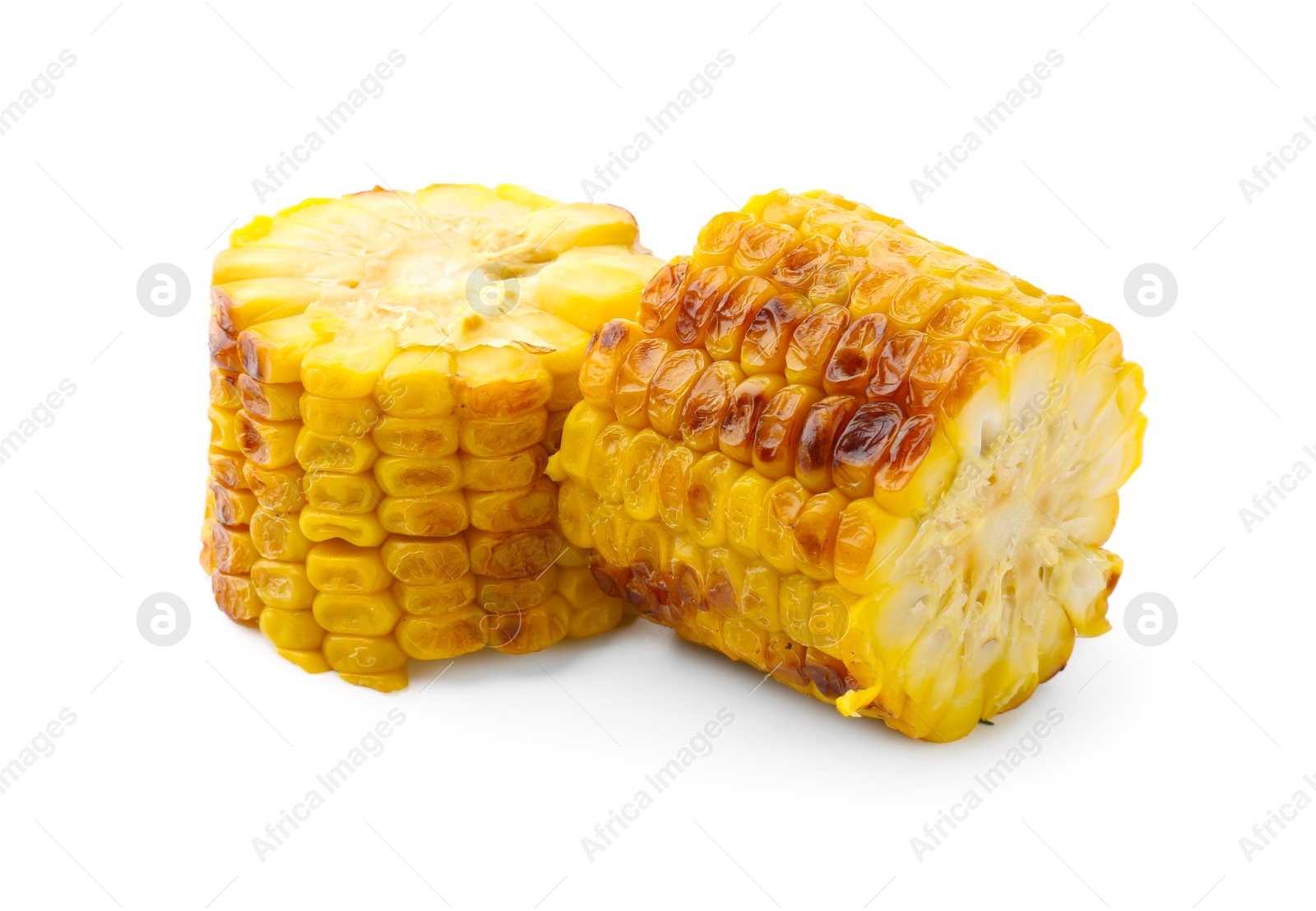 Photo of Pieces of tasty grilled corncobs isolated on white