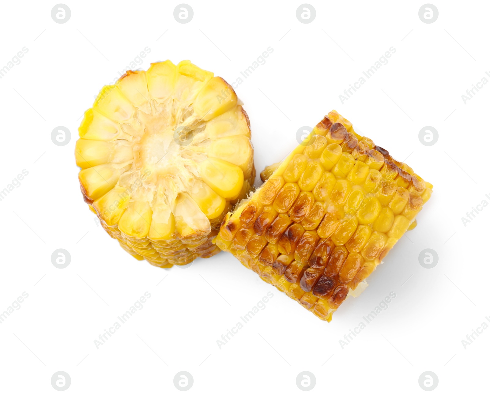Photo of Pieces of tasty grilled corncobs isolated on white, top view