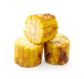 Photo of Pieces of tasty grilled corncobs isolated on white