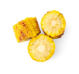 Photo of Pieces of tasty grilled corncobs isolated on white, top view