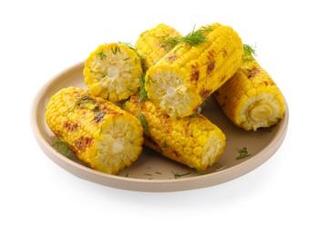 Photo of Pieces of tasty grilled corncobs with dill isolated on white