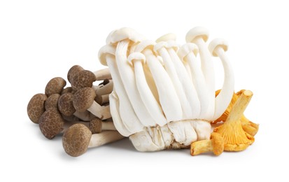 Photo of Pile of different raw mushrooms isolated on white