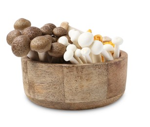Photo of Different raw mushrooms in bowl isolated on white