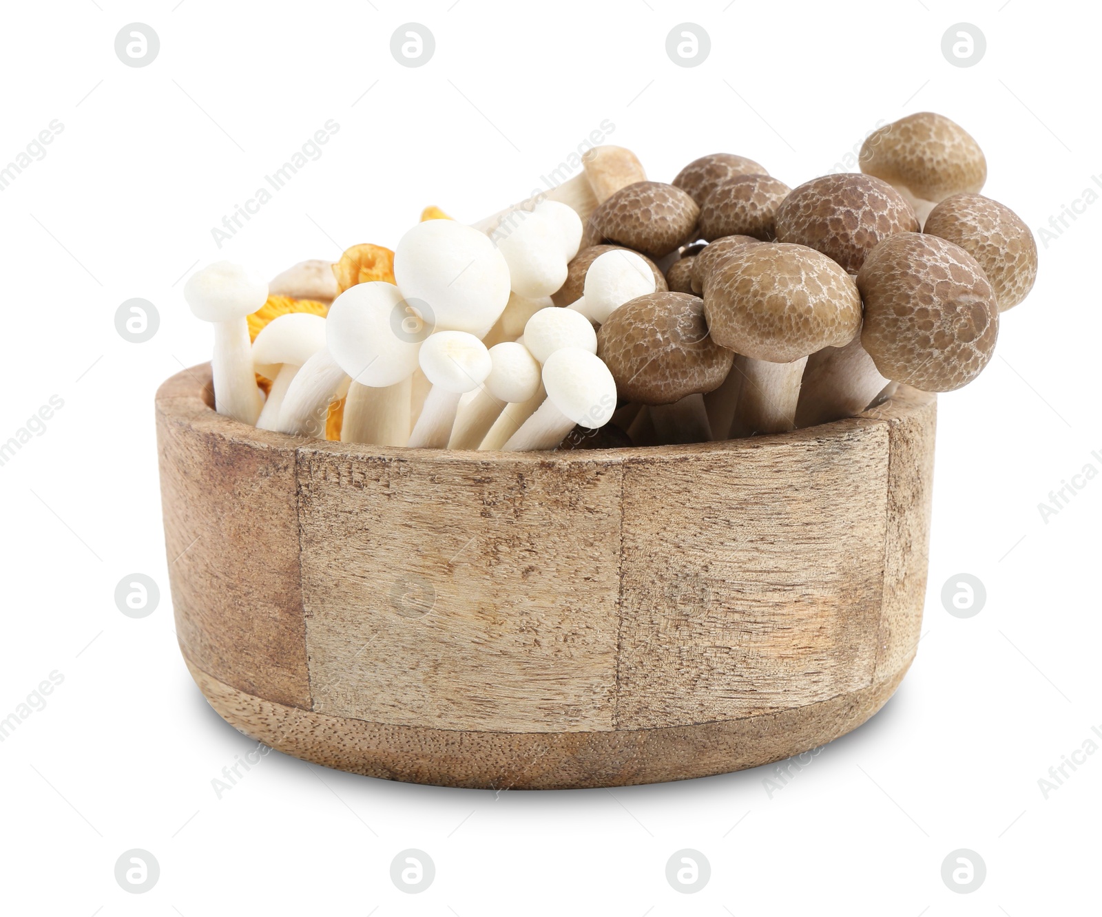 Different raw mushrooms in bowl isolated on white Photo of Different raw mushrooms in bowl isolated on white