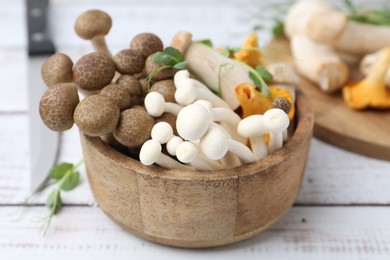 Photo of Different raw mushrooms and microgreens in bowl on light wooden table, closeup