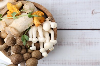 Photo of Different raw mushrooms and microgreens in bowl on light wooden table, top view. Space for text