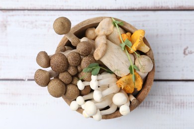 Photo of Different raw mushrooms and microgreens in bowl on light wooden table, top view