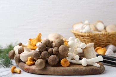 Photo of Different raw mushrooms on light table, closeup
