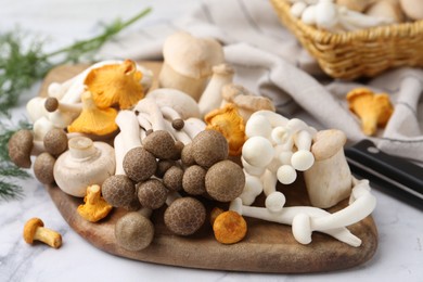 Photo of Different raw mushrooms on light table, closeup