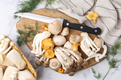 Photo of Different raw mushrooms, knife and dill on light marble table, flat lay