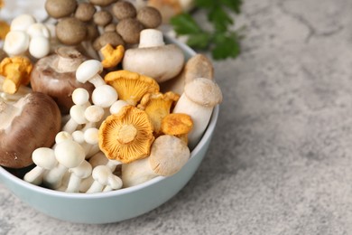 Photo of Different raw mushrooms in bowl on grey textured table, closeup. Space for text