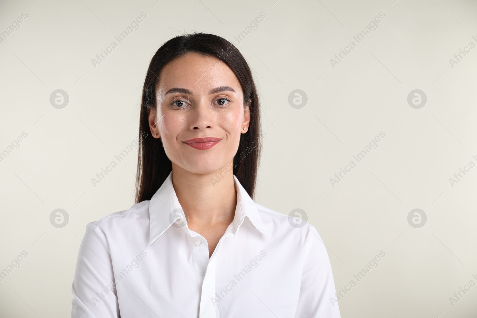 Portrait of confident businesswoman on white background. Space for text Photo of Portrait of confident businesswoman on white background. Space for text