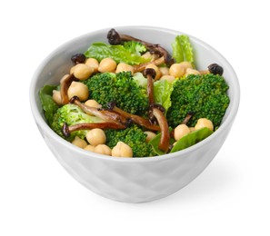 Photo of Delicious salad with shimeji mushrooms, chickpeas and broccoli in bowl isolated on white