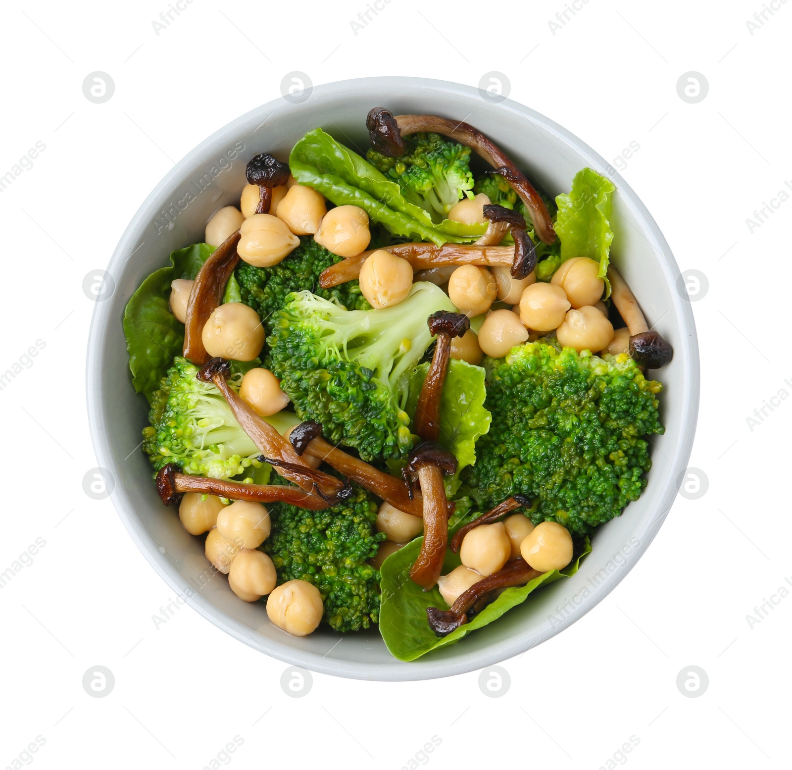Delicious salad with shimeji mushrooms, chickpeas and broccoli in bowl isolated on white, top view Photo of Delicious salad with shimeji mushrooms, chickpeas and broccoli in bowl isolated on white, top view