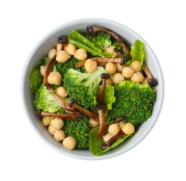 Photo of Delicious salad with shimeji mushrooms, chickpeas and broccoli in bowl isolated on white, top view