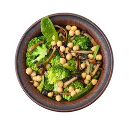 Photo of Delicious salad with shimeji mushrooms, chickpeas and broccoli in bowl isolated on white, top view