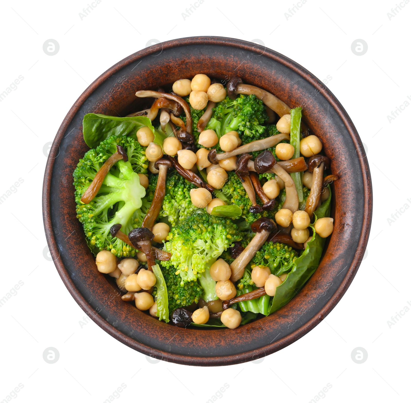 Photo of Delicious salad with shimeji mushrooms, chickpeas and broccoli in bowl isolated on white, top view
