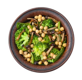 Photo of Delicious salad with shimeji mushrooms, chickpeas and broccoli in bowl isolated on white, top view