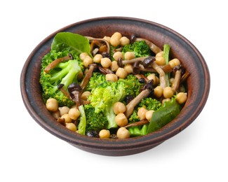 Photo of Delicious salad with shimeji mushrooms, chickpeas and broccoli in bowl isolated on white