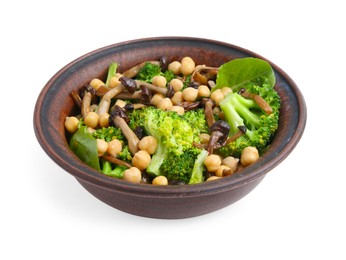 Photo of Delicious salad with shimeji mushrooms, chickpeas and broccoli in bowl isolated on white