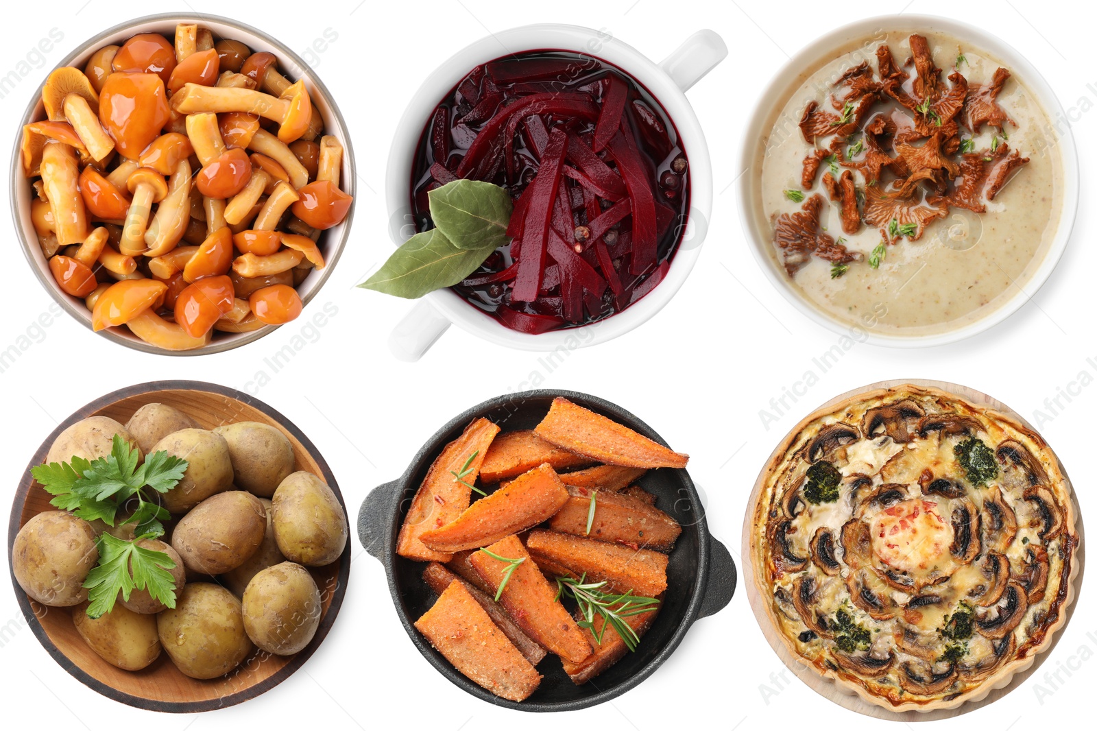 Image of Different dishes with earthy taste isolated on white, set. Top view