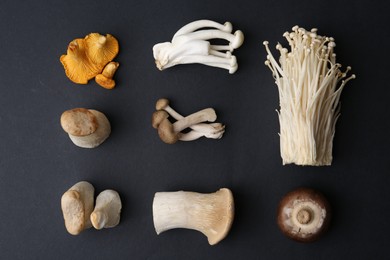 Photo of Different raw mushrooms on black background, flat lay