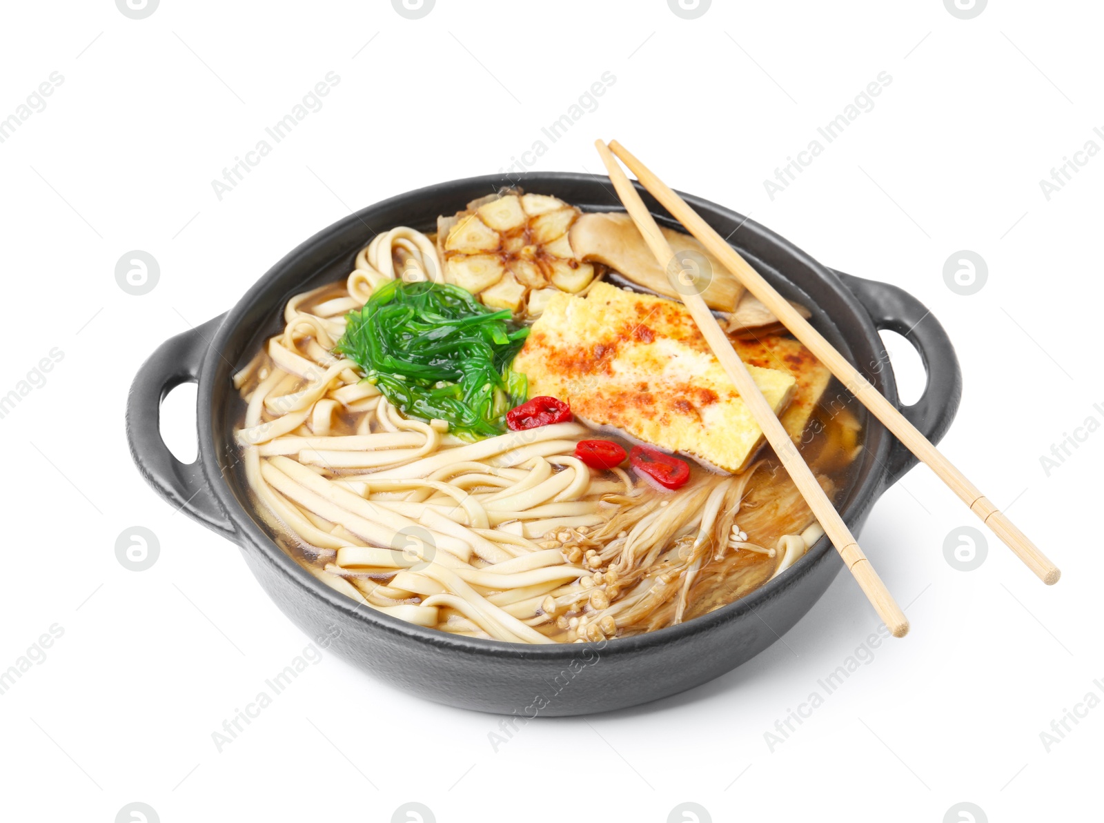 Tasty ramen with enoki and king oyster (eryngii) mushrooms isolated on white Photo of Tasty ramen with enoki and king oyster (eryngii) mushrooms isolated on white