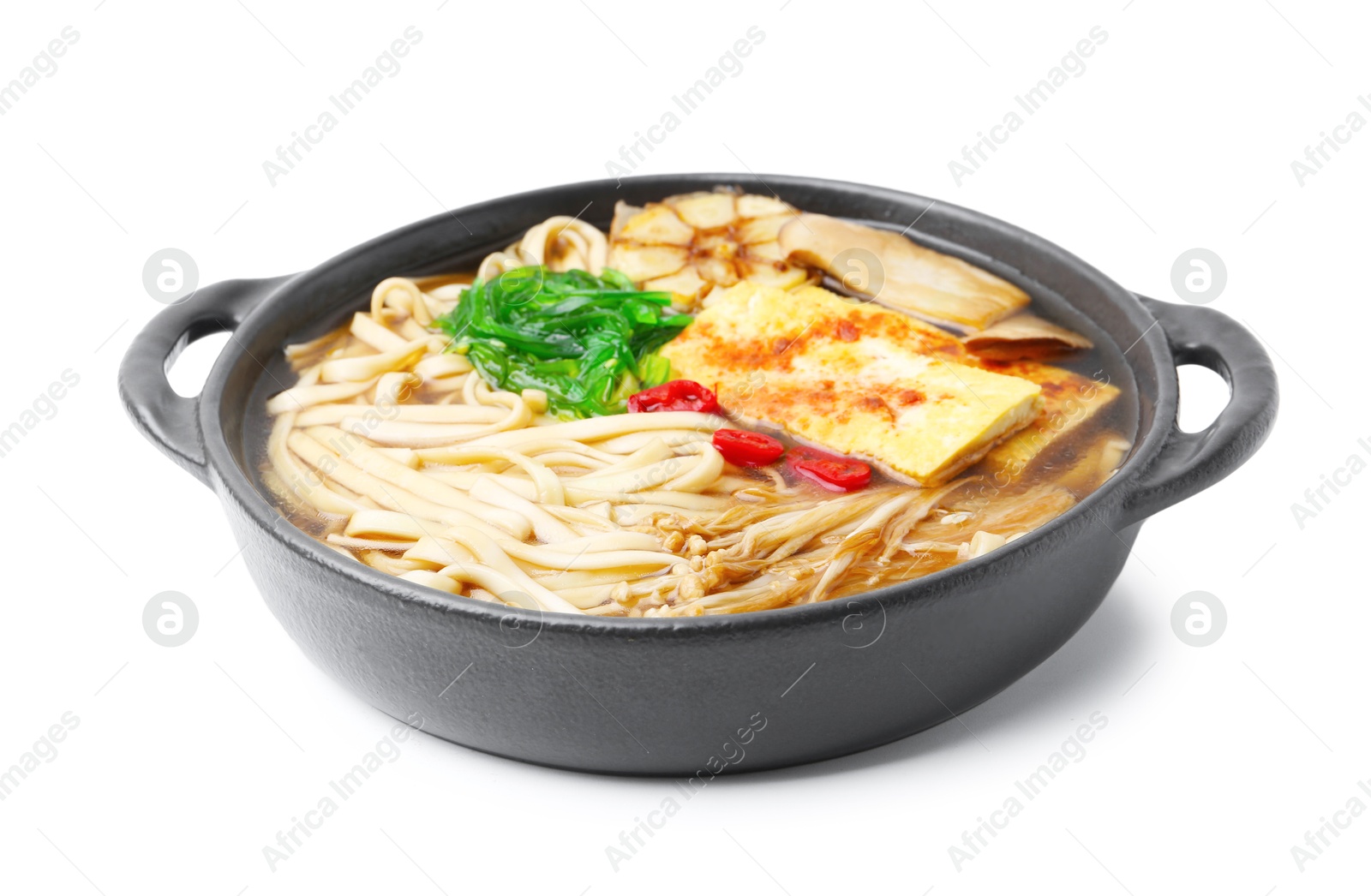 Tasty ramen with enoki and king oyster (eryngii) mushrooms isolated on white Photo of Tasty ramen with enoki and king oyster (eryngii) mushrooms isolated on white