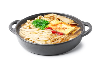 Photo of Tasty ramen with enoki and king oyster (eryngii) mushrooms isolated on white