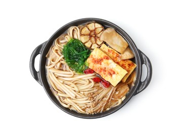Photo of Tasty ramen with enoki and king oyster (eryngii) mushrooms isolated on white, top view