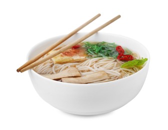 Photo of Tasty ramen with enoki and king oyster (eryngii) mushrooms isolated on white