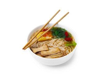 Photo of Tasty ramen with enoki and king oyster (eryngii) mushrooms isolated on white