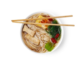 Photo of Tasty ramen with enoki and king oyster (eryngii) mushrooms isolated on white, top view