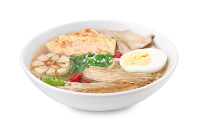 Photo of Tasty ramen with enoki and king oyster (eryngii) mushrooms isolated on white