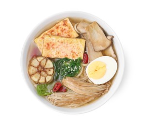 Photo of Tasty ramen with enoki and king oyster (eryngii) mushrooms isolated on white, top view