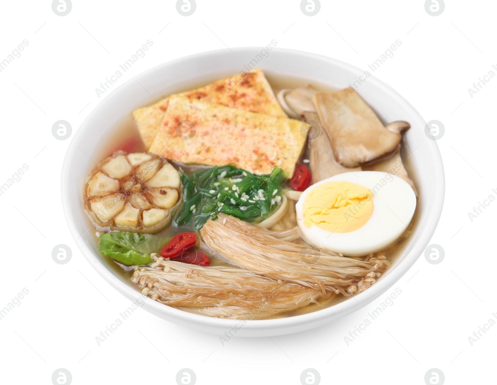 Tasty ramen with enoki and king oyster (eryngii) mushrooms isolated on white Photo of Tasty ramen with enoki and king oyster (eryngii) mushrooms isolated on white