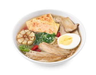 Photo of Tasty ramen with enoki and king oyster (eryngii) mushrooms isolated on white