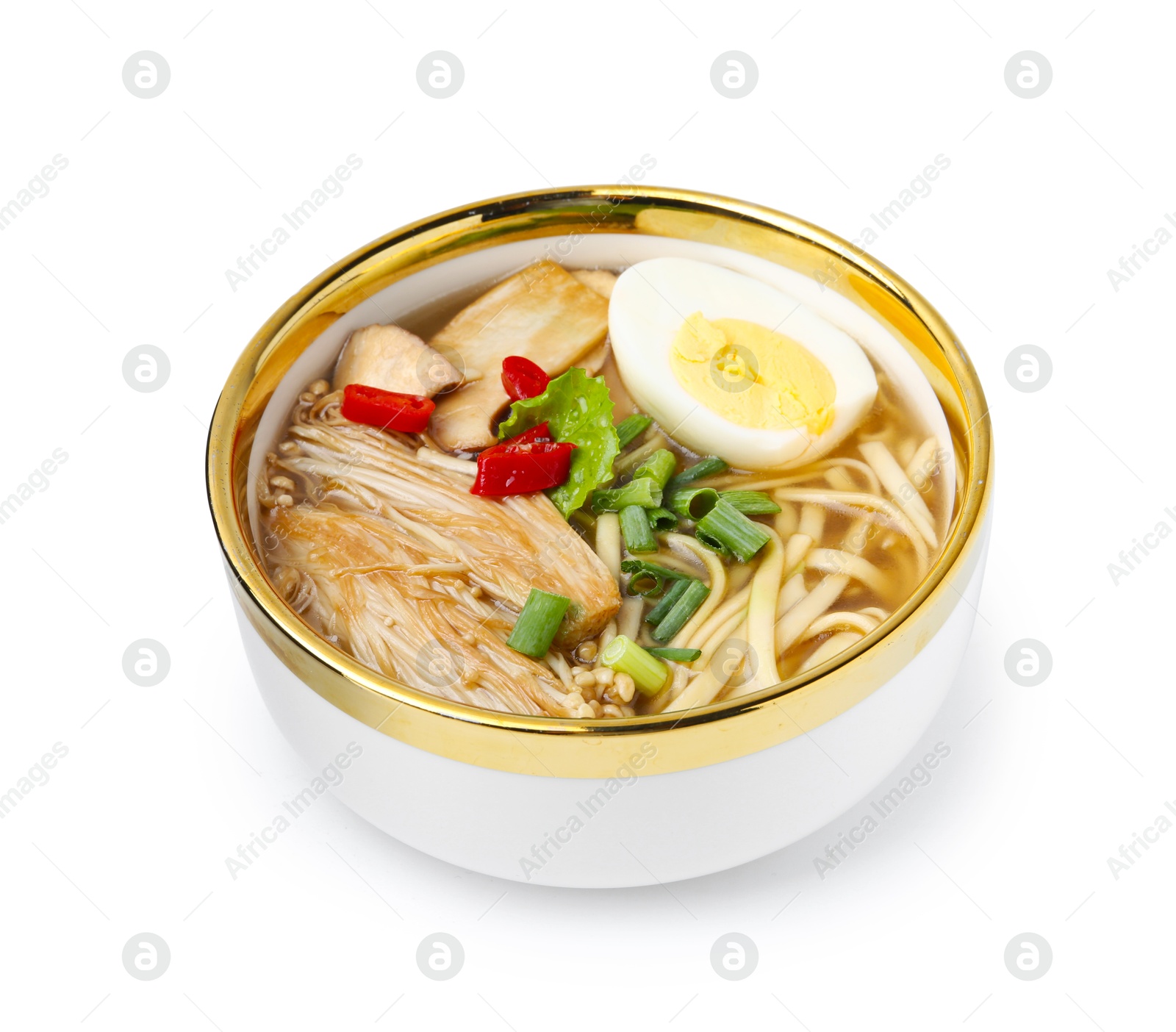 Tasty ramen with enoki and king oyster (eryngii) mushrooms isolated on white Photo of Tasty ramen with enoki and king oyster (eryngii) mushrooms isolated on white