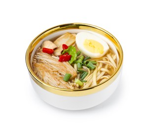Photo of Tasty ramen with enoki and king oyster (eryngii) mushrooms isolated on white