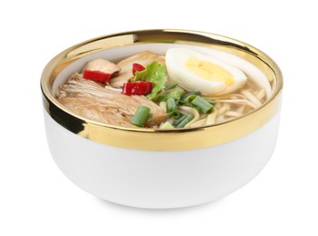 Photo of Tasty ramen with enoki and king oyster (eryngii) mushrooms isolated on white