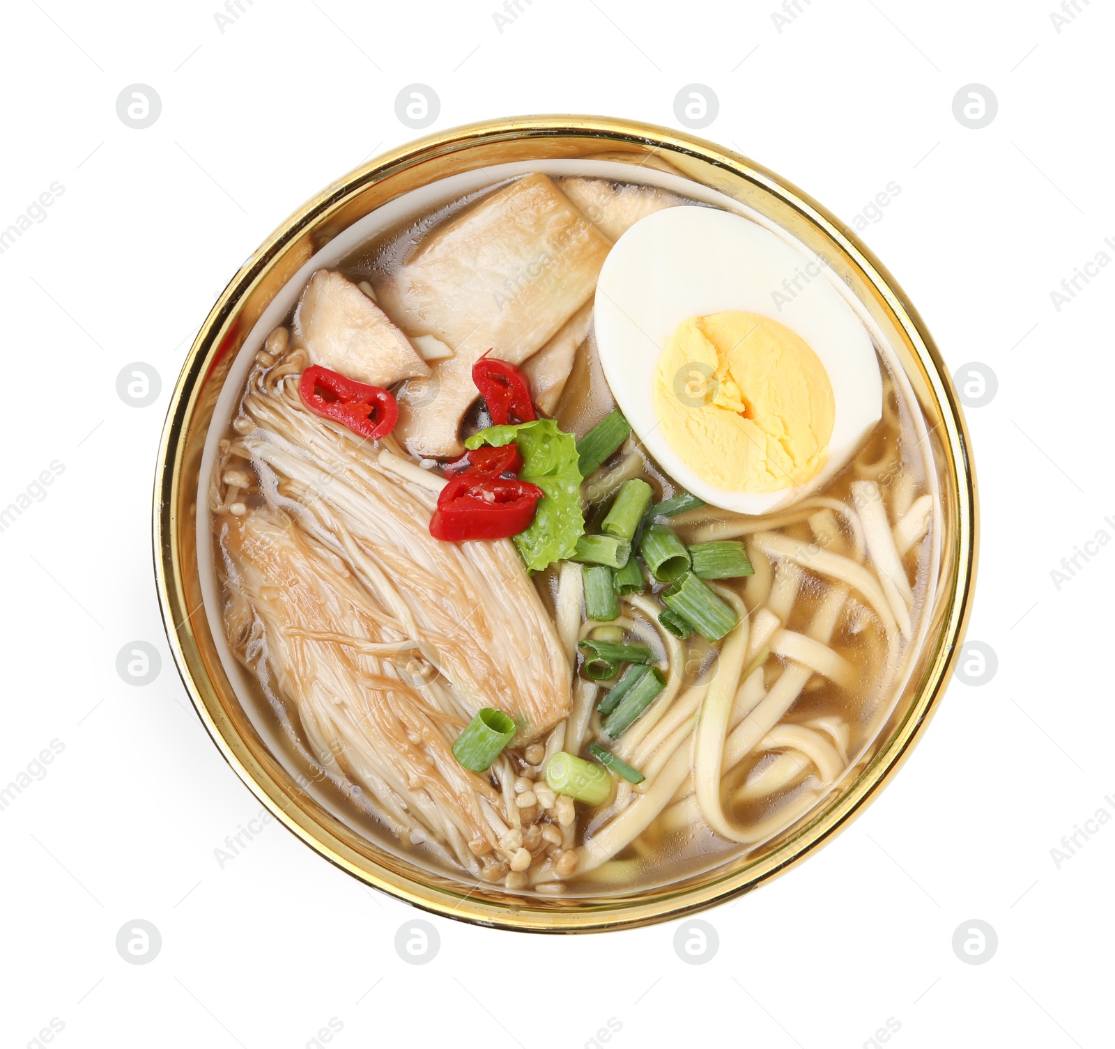 Tasty ramen with enoki and king oyster (eryngii) mushrooms isolated on white, top view Photo of Tasty ramen with enoki and king oyster (eryngii) mushrooms isolated on white, top view