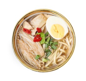 Photo of Tasty ramen with enoki and king oyster (eryngii) mushrooms isolated on white, top view