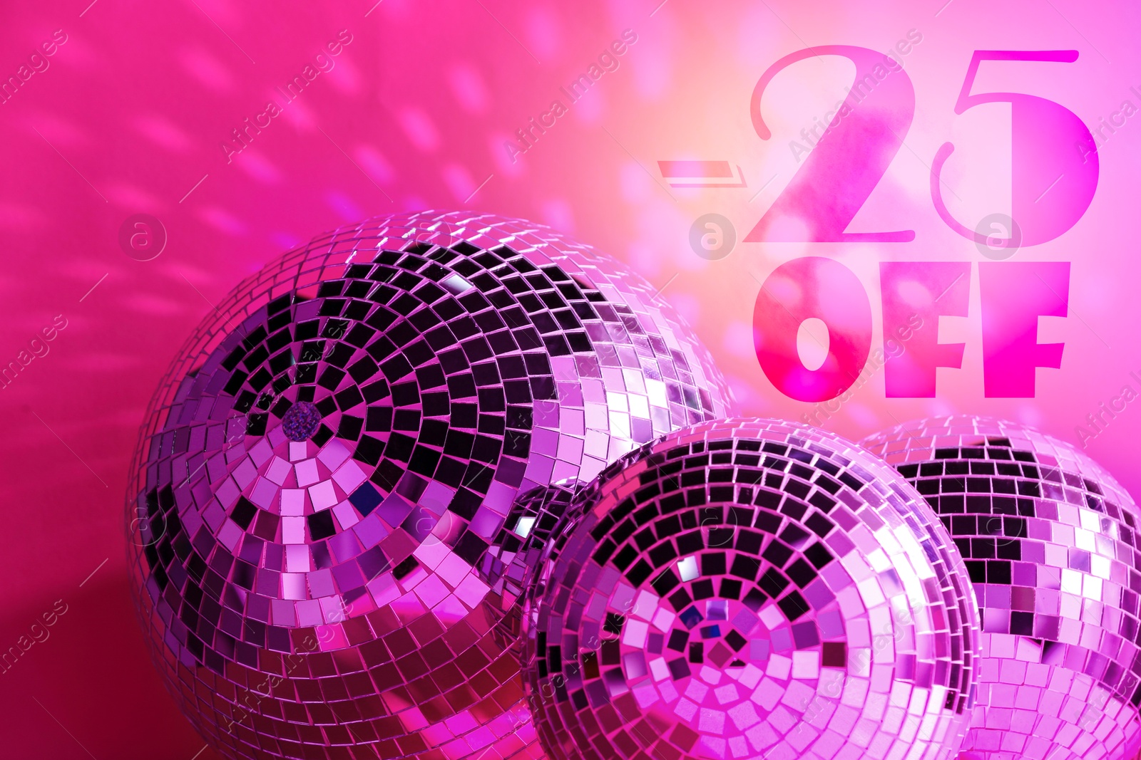 25 percent discount. Flyer design with sparkling disco balls Image of 25 percent discount. Flyer design with sparkling disco balls