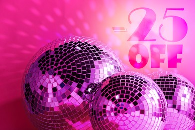 Image of 25 percent discount. Flyer design with sparkling disco balls