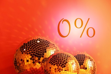 Image of Zero percent commision. Discount flyer design with sparkling disco balls