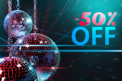 Image of 50 percent discount. Flyer design with sparkling disco balls on dark background