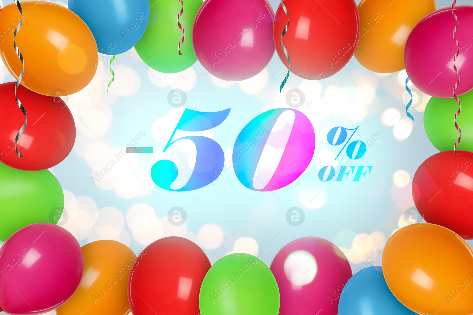 50 percent discount. Flyer design with colorful balloons against blurred lights Image of 50 percent discount. Flyer design with colorful balloons against blurred lights